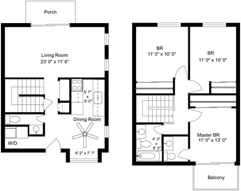 Floor plan for 3 beds, 2 baths, 1335 sqft